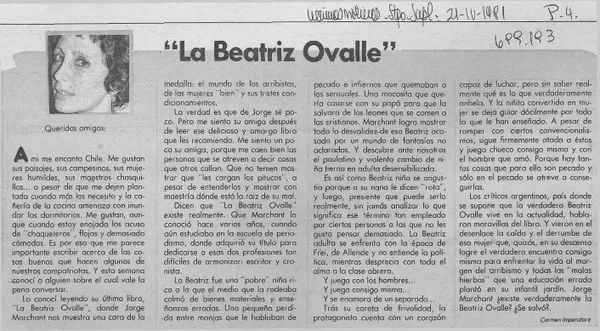 La Beatriz Ovalle  [artículo] Carmen Imperatore.