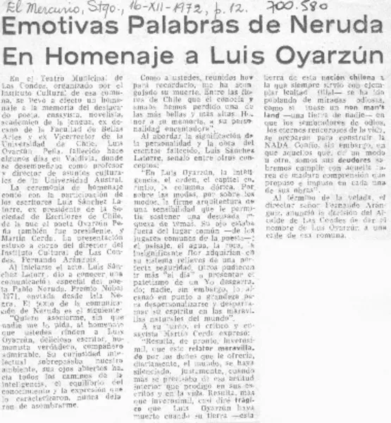 Emotivas palabras de Neruda en homenaje a Luis Oyarzún.  [artículo]