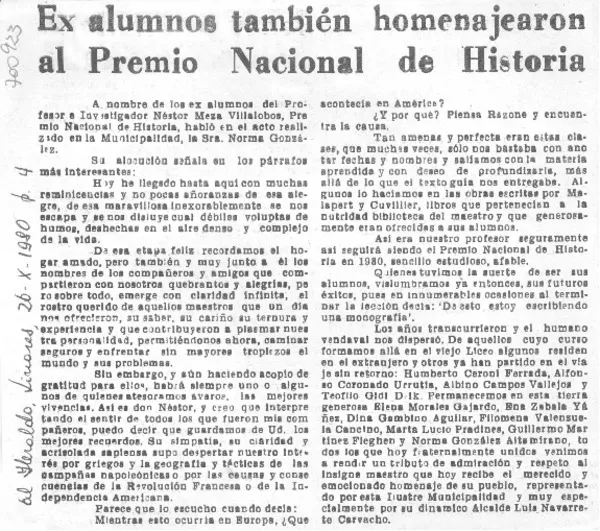 Ex alumnos también homenajearon al Premio Nacional de Historia.  [artículo]