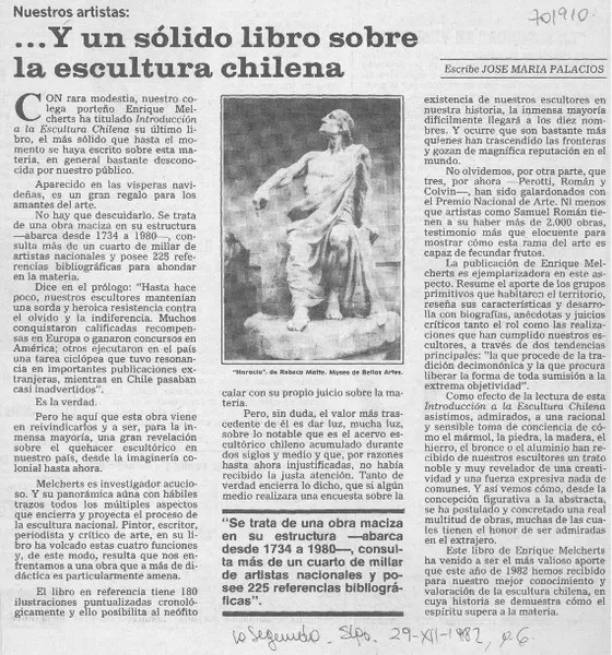 -- Y un sólido libro sobre la escultura chilena  [artículo] José María Palacios.