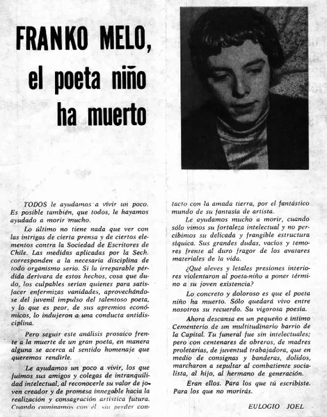 Franko Melo, el poeta niño ha muerto  [artículo] Eulogio Joel.