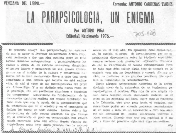 La parapsicología, un enigma  [artículo] Antonio Cárdenas Tabies.