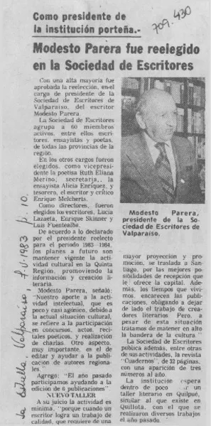 Modesto Parera fue reelegido en la Sociedad de Escritores.  [artículo]