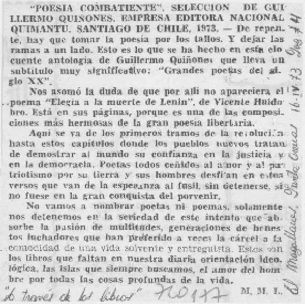 Poesía combatiente"  [artículo] M. M. L.