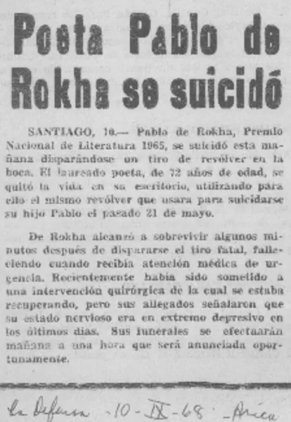 Poeta Pablo de Rokha se suicidó.  [artículo]