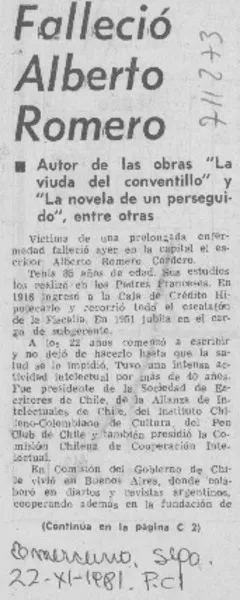 Falleció Alberto Romero.  [artículo]