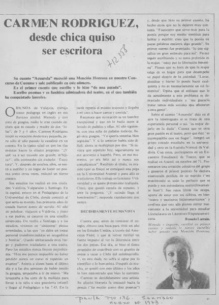 Carmen Rodríguez, desde chica quiso ser escritora  [artículo] Rosario Larraín.