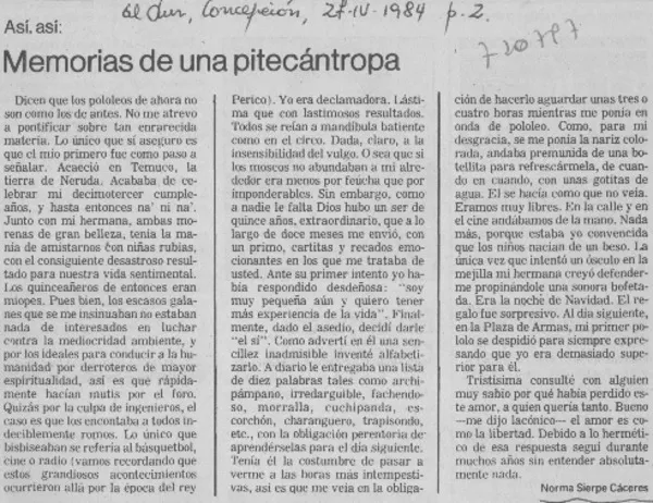 Memorias de una pitecántropa  [artículo] Norma Sierpe Cáceres.