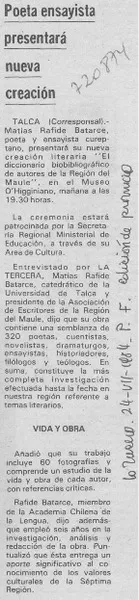 Poeta ensayista presentará nueva creación  [artículo].