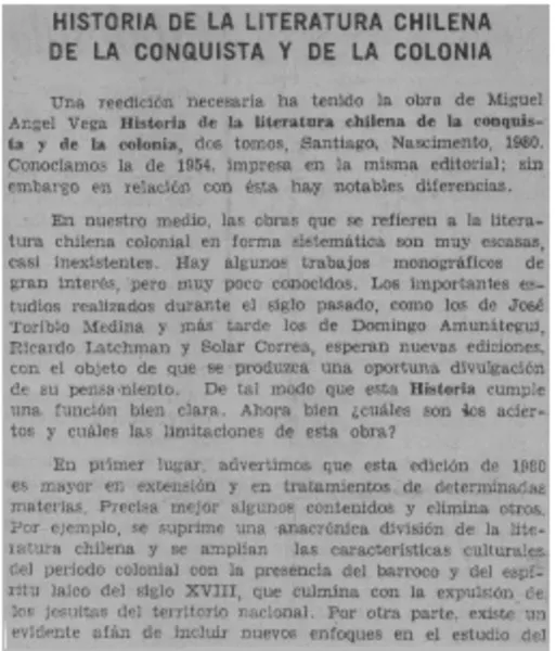 Historia de la literatura chilena de la conquista y d ela colonia  [artículo] Juan Gabriel Araya G.