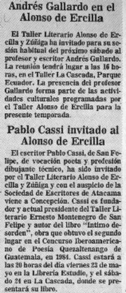 Pablo Cassi invitado al Alonso de Ercilla.  [artículo]
