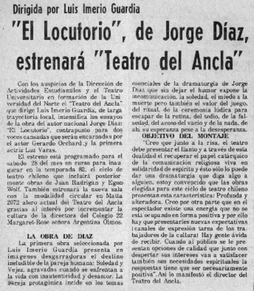"El locutorio", de Jorge Díaz, estrenará "teatro del ancla".  [artículo]