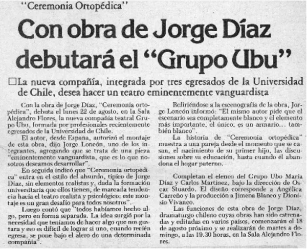 Con obra de Jorge Díaz debutará el "grupo Ubu".  [artículo]