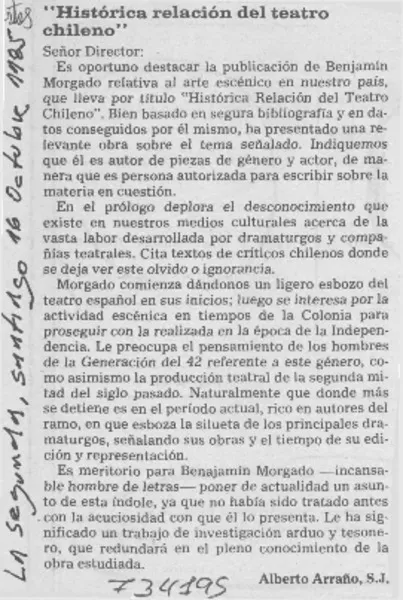 Histórica relación del teatro chileno"  [artículo] Alberto Arraño.
