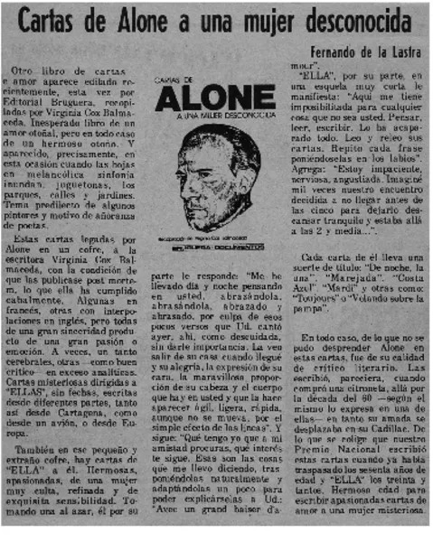 Cartas de Alone a una mujer desconocida  [artículo] Fernando de la Lastra.