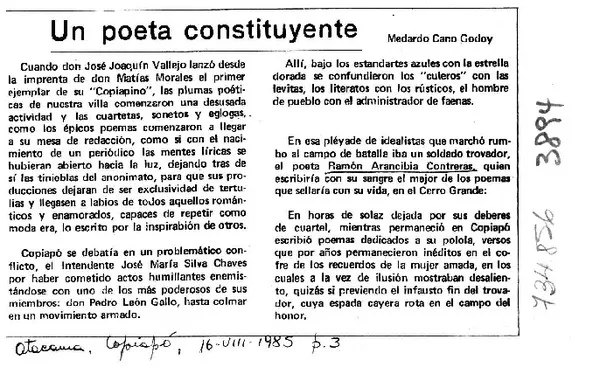 Un poeta constituyente  [artículo] Medardo Cano Godoy.