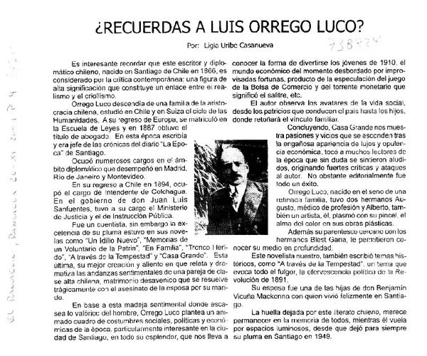 ¿Recuerdas a Luis Orrego Luco?  [artículo] Ligia Uribe Casanueva.
