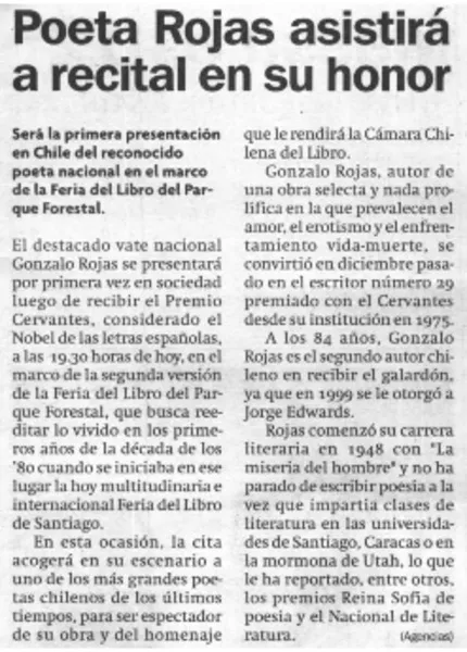 Poeta Rojas asistirá a recital en su honor.  [artículo]