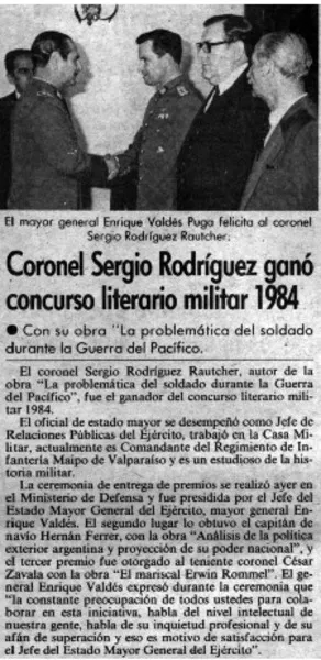Coronel Sergio Rodríguez ganó concurso literario militar 1984.  [artículo]