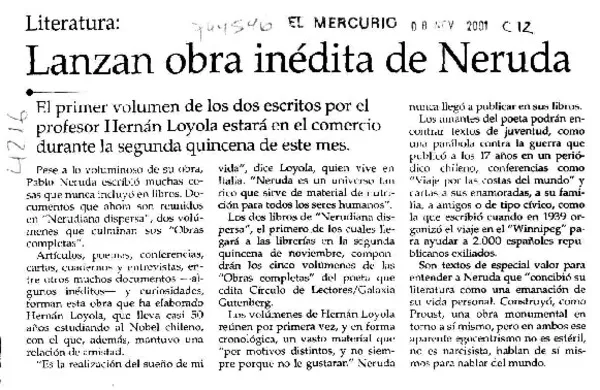 Lanzan obra inédita de Neruda  [artículo]