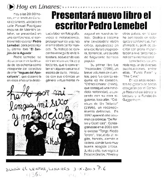 Presentará nuevo libro el escritor Pedro Lemebel.  [artículo]