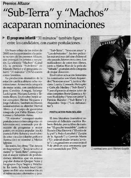 "Sub-Terra y "Machos" acaparan nominaciones  [artículo]