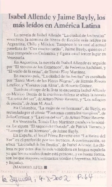 Isabel Allende y Jaime Bayly, los más leídos en América Latina  [artículo] EFE.