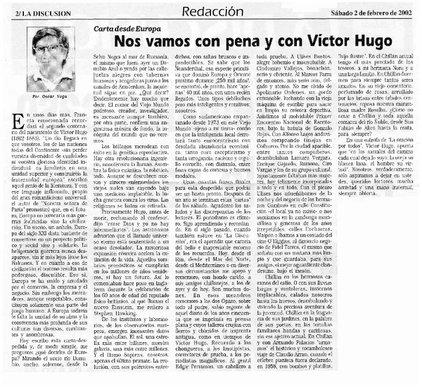 Nos vamos con pena y con Víctor Hugo  [artículo] Oscar Vega.