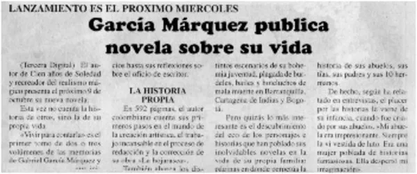 García Márquez publica novela sobre su vida  [artículo]