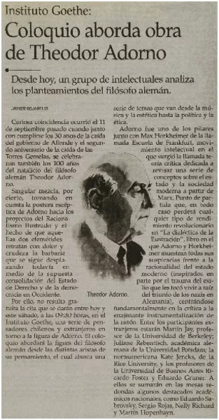 Coloquio aborda obra de Theodor Adorno  [artículo] Javier Rojahelis.