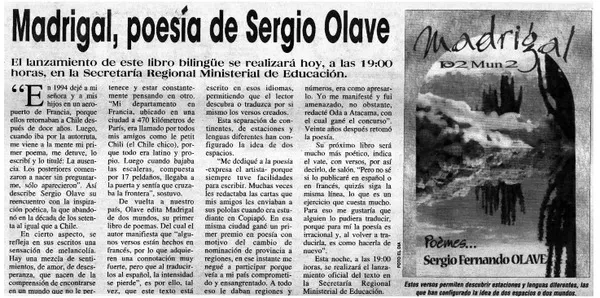 Madrigal, poesía de Sergio Olave.  [artículo]