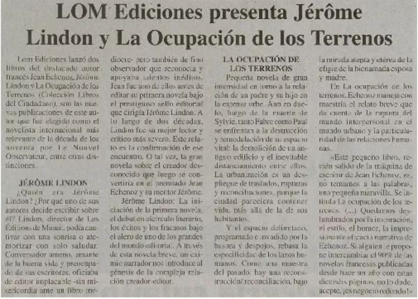 LOM Ediciones presenta Jérôme Lindon y La Ocupación de los terrenos  [artículo]