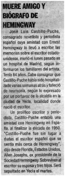 Muere amigo y biógrafo de Hemingway.  [artículo]