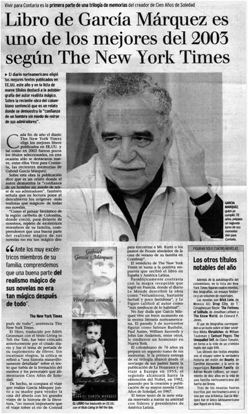 Vivir de García Márquez es uno de los mejores del 2003 según The New York Times.  [artículo]