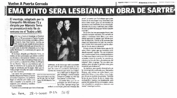 Ema Pinto será lesbiana en obra de Sartre.  [artículo]