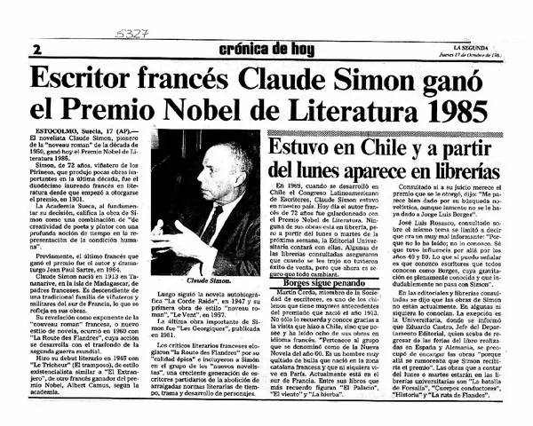 Escritor francés Claude Simon ganó el Premio Nobel de Literatura 1985.  [artículo]