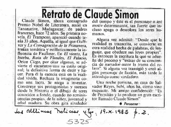 Retrato de Claude Simon  [artículo] Personne.
