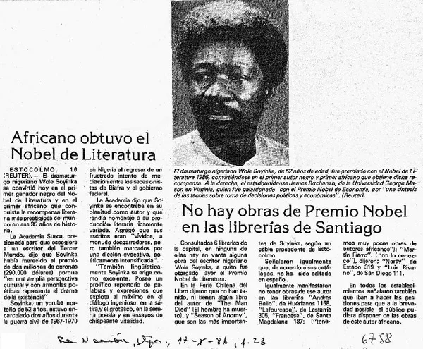 Africano obtuvo el Nobel de Literatura  [artículo]
