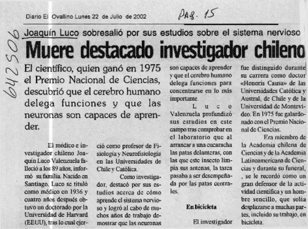 Muere destacado investigador chileno  [artículo].