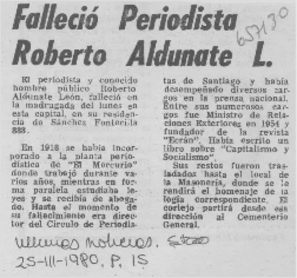 Falleció periodista Roberto Aldunate L.  [artículo]