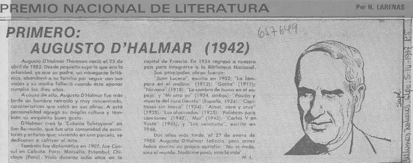 Primero, Augusto D'Halmar (1942)  [artículo] H. Larenas.