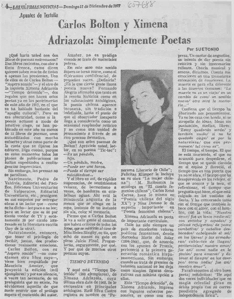 Carlos Bolton y Ximena Adriazola: simplemente poetas  [artículo] Suetonio.