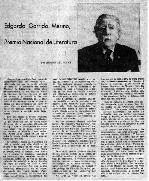 Edgardo Garrido Merino, Premio nacional de literatura  [artículo] Hernán del Solar.
