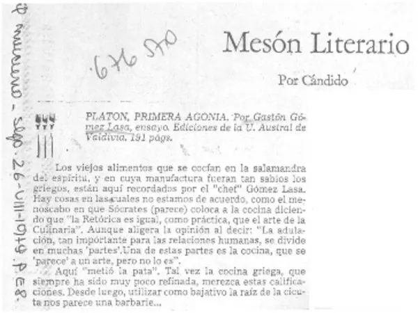 Platón, primera agonía  [artículo] Cándido.