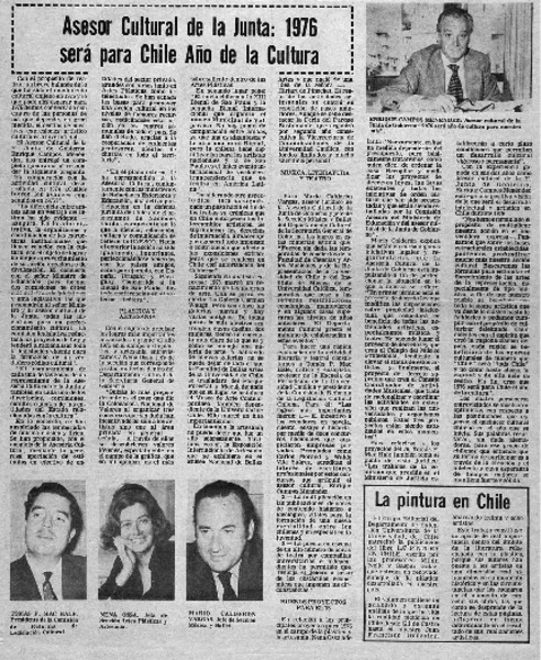 Asesor cultural de la junta : 1976 será para Chile año de la cultura  [artículo] Sonia Quintana.