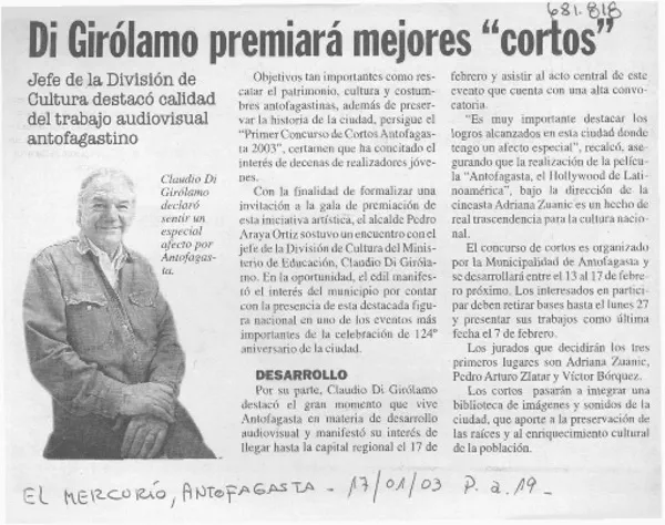 Di Girólamo premiará mejores "cortos"  [artículo]