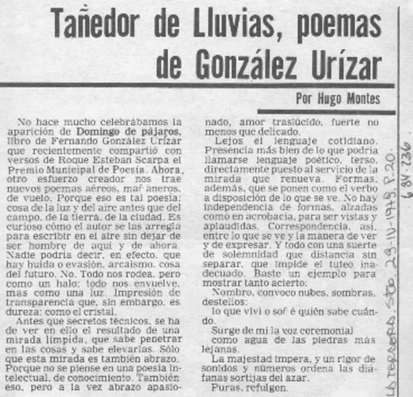 Tañedor de lluvias, poemas de González Urízar  [artículo] Hugo Montes.