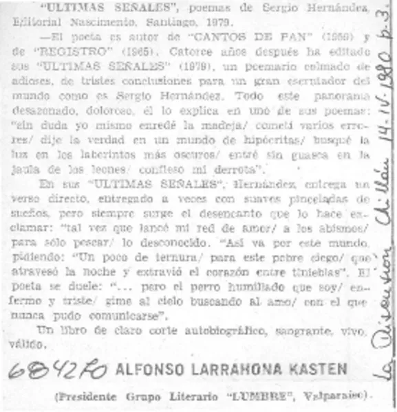 Ultimas señales  [artículo] Alfonso Larrahona Kästen.