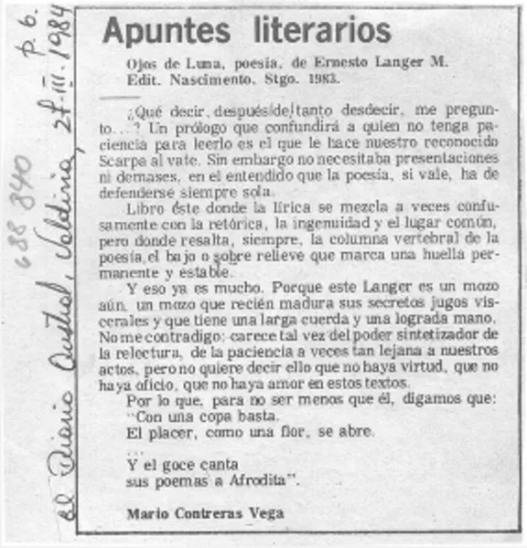 Apuntes literarios  [artículo] Mario Contreras Vega.