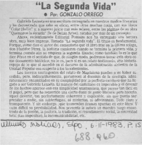 La Segunda vida  [artículo] Gonzalo Orrego.